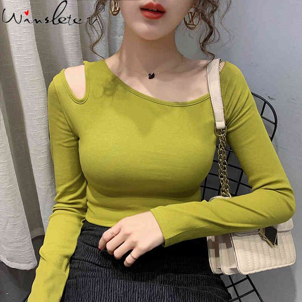 

women's t-shirt autumn korean clothes t-shirt cotton hollow out skew collar women ropa mujer bottoming shirt long sleeve, White
