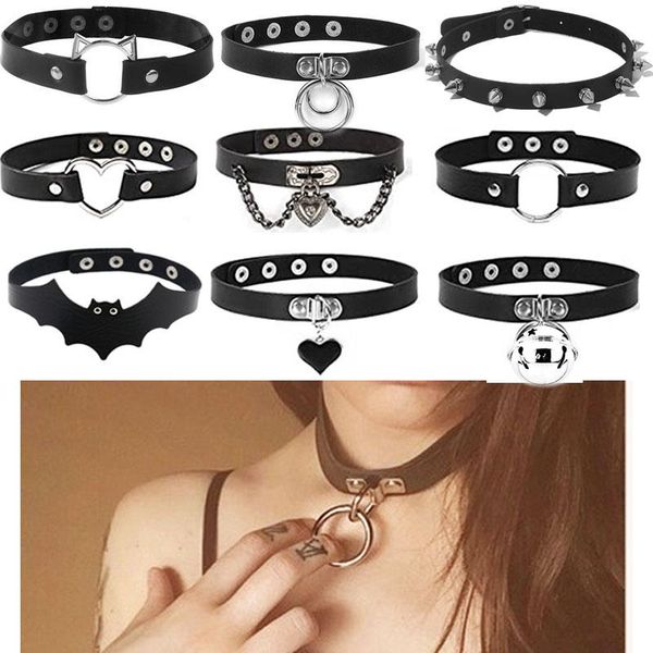 

chokers punk pu leather necklace lock key heart round spike rivet collar studded choker body birthday party gift jewelry, Golden;silver