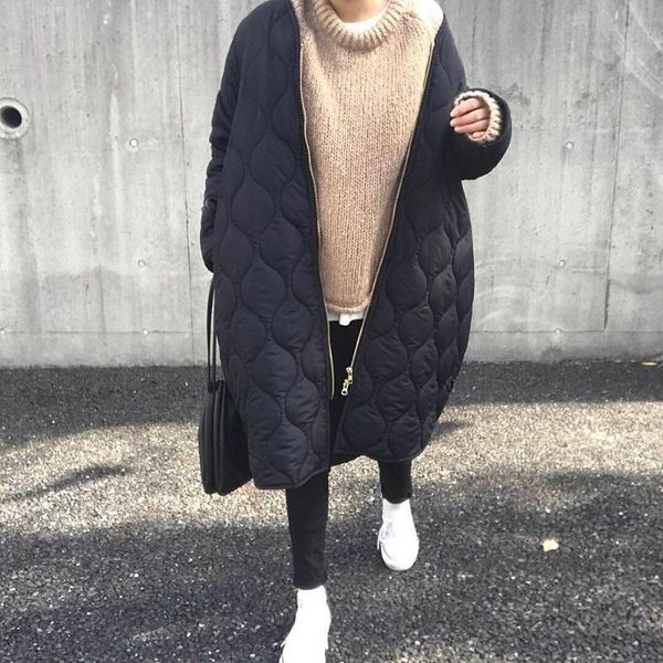 

women cotton padded jackets winter warm long sleeve zipper straight casual fashion korean style bread parkas ladies women's down &, Black