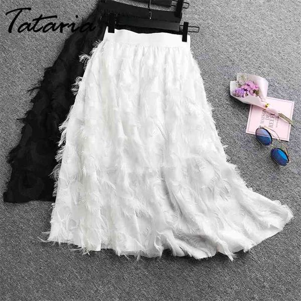 

1 chiffon feather tassel skirt for women high waist a line white midi elegant slim female s 210514, Black