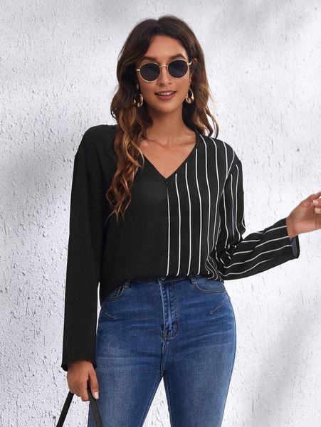 

v-neck drop shoulder striped panel 72gc#, White