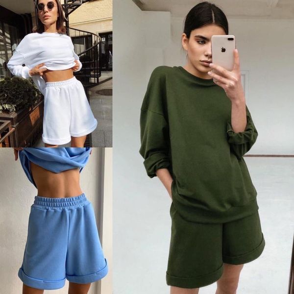 Yaz İki Parça Takip Kadın Gündelik Sweatshirts Kıyafetleri Artı Beden Chandal Ropa De Mujer Katı Şortlar Set Kadın Takım Kadınları Kadın Tra