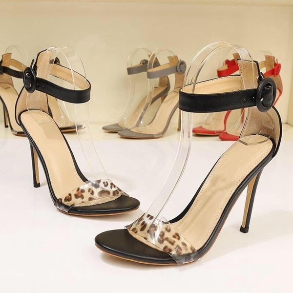 

junetxin summer leopard pvc sandals women one strap narrow buckle shoes fashion high heels thin heel party pumps, Black
