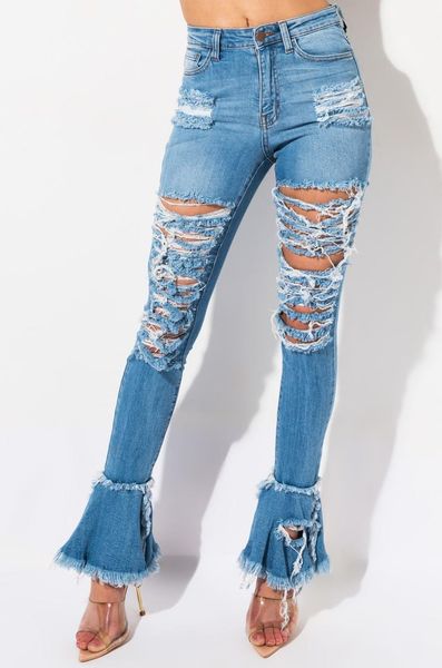 

women's jeans 2021 est women slim fit washed ripped hole stretch demin wide leg pants distressed high waist flare trousers, Blue