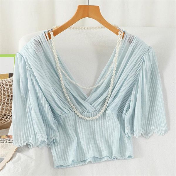 

women's blouses & shirts korean fashion peal elegant blouse women deep v-neck backless crop r tee shirt femme cropped, White