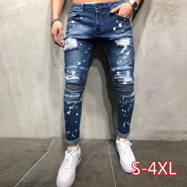 

mens painted jeans skinny slim fit straight ripped distressed pleated knee patch denim pants stretch, Blue