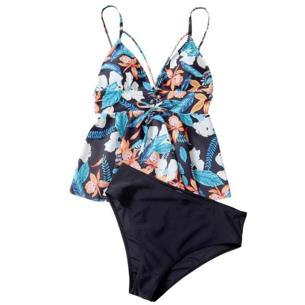 

one-piece suits tankini set women swimwear two piece high waist swimsuit leaf print padded bandage bathing
