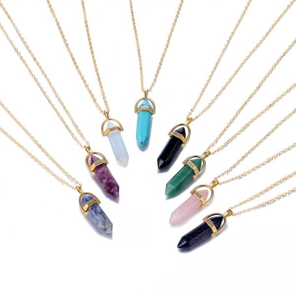 

fashion hexagonal pink quartz turquoise necklace natural stone turquoise pink crystal stone gold plated necklaces for women jewelry, Silver
