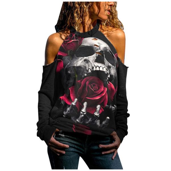 

women's blouses & shirts skull 3d printed halloween women blusas casual off shoulder hollow out long sleeve blouse shirt print design, White