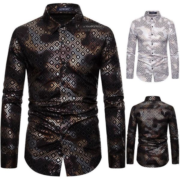 

men's casual shirts spring small check design gold stamping printed stretch long sleeve shirt zeds, White;black