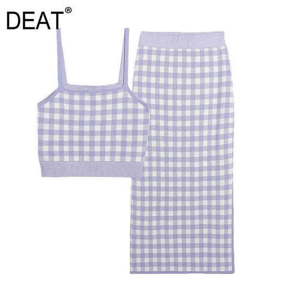 

[deat] summer fashion sleeveless lattice tank knee-length knitting skirts women two-piece suit 13q585 210527, White