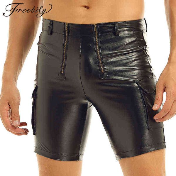 Black Mens Wloogle Clubwear Sexy Short Faux Leather Front Zippered Bolsa Jockstraps Com Bolsos Carpinteiro Night Club Shorts H1210
