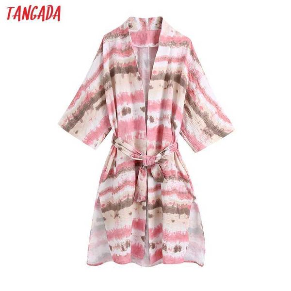Tangada Kadın Moda Kravat-Boya Gevşek Uzun Kimono Gömlek Slash ile Üç Çeyrek Kollu Yan Yarık Kadın Gömlek Chic Top Be84 210609