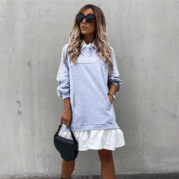 

wholesale custom retail factory price good quality women's fashion colour block pocket button long sleeve dress casual dresses, Black;gray