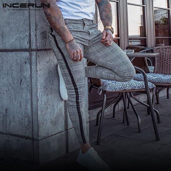 

men's pants incerun 2021 fashion men plaid chino casual streetwear pantalones check stitching leisure trousers s-5xl, Black
