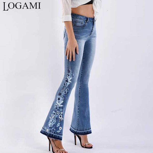 

logami flower embroidery skinny jeans woman vintage flare denim pants 210927, Blue