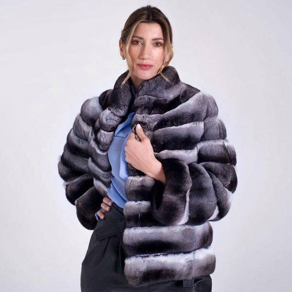 

women's fur & faux fashion real rex coat for women winter outwear luxury 2021 genuine jacker stand collar overcoats, Black