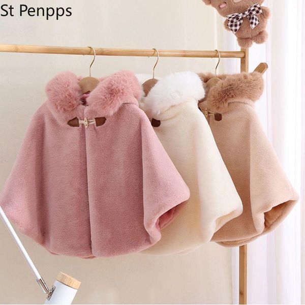 

sets baby girl cloak faux fur winter infant toddler child princess hooded cape collar outwear warm clothes 1-8y, Blue