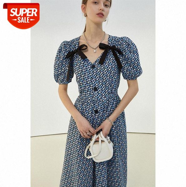 

fashion french v-neck floral dress female design sense temperament tea break puff sleeve skirt #go3x, Black;gray