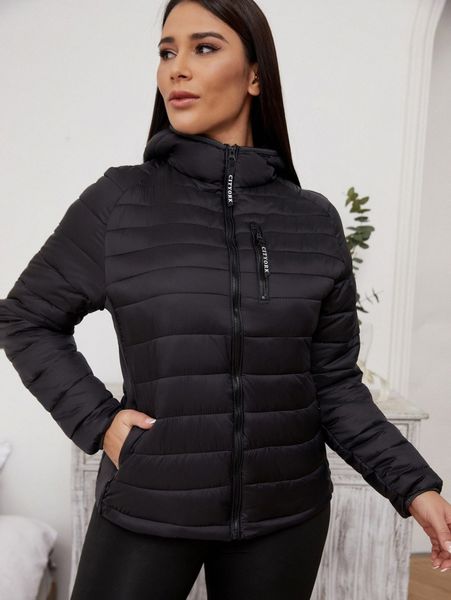 

raglan sleeve letter tape zipper hooded winter coat n2jb#, Black