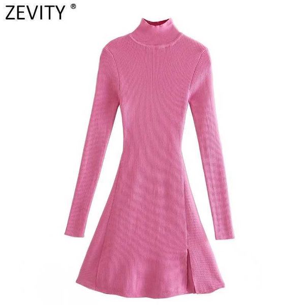 Zevity Mulheres High Street Turtleneck Collar Front Drivit Drive Design De Tricô Slim Dress Feminino Chique Festa de Manga Comprida Vestidos DS8277 210603