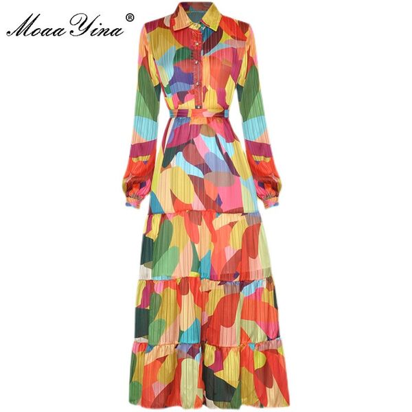 

fashion designer set summer women turn-down collar long sleeve vacation blouses +skirt color print two-piece set 210524, White