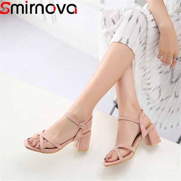 

smirnova 2021 fashion summer shoes woman buckle square heel elegant prom sandals women flock high heels plus size, Black