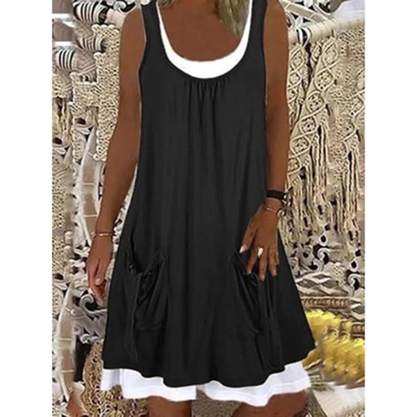 

casual dresses fake two pieces summer women dress pockets decorated sleeveless beack solid loose beachwear holiday female vestidos, Black;gray