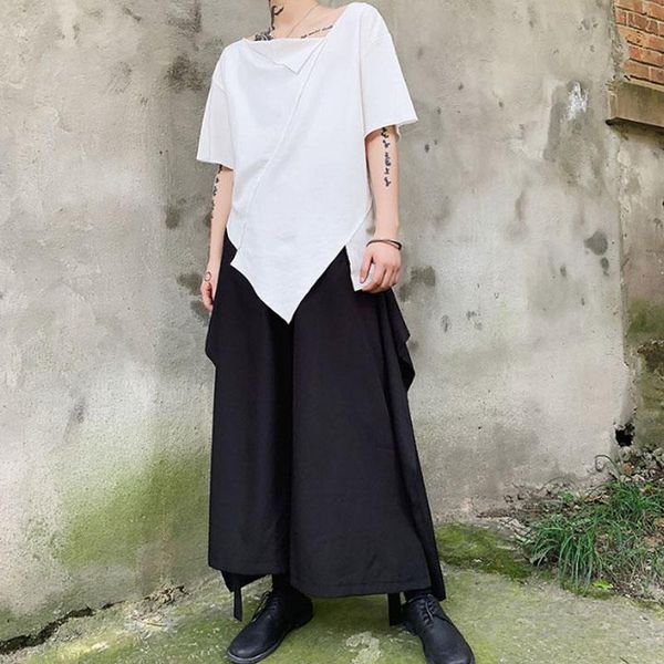 

homens streetwear hip hop solto casual calÃ§as largas perna saias masculino fitas design punk gÃ³tico japÃ£o estilo quimono harem men's pa, Black