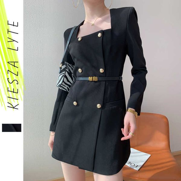 

spring french hepburn style black mini dress office lady double breasted notched blazer dresses women clothing 210608, Black;gray