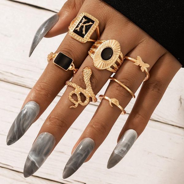 

wedding rings 1 set ( 4 pcs/set) fashion black punk series for women jewelry gold color square enamel gift, Slivery;golden