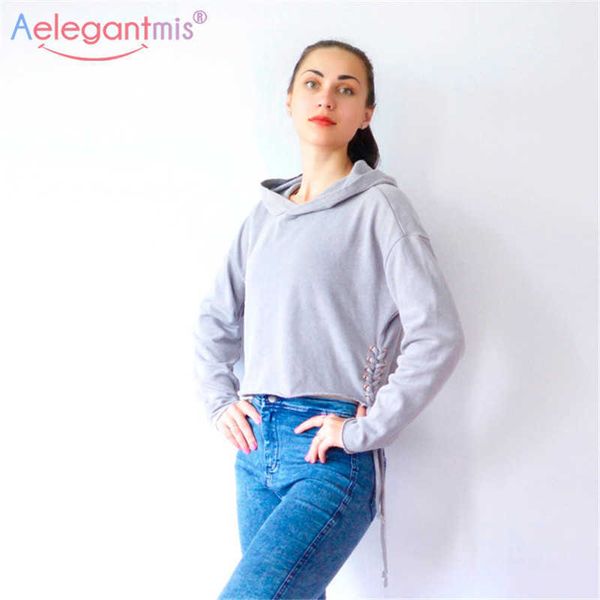 

aelegantmis casual streetwear fleece hoodies women bandage loose sweatshirts spring autumn long sleeve pullovers grey 210607, Black