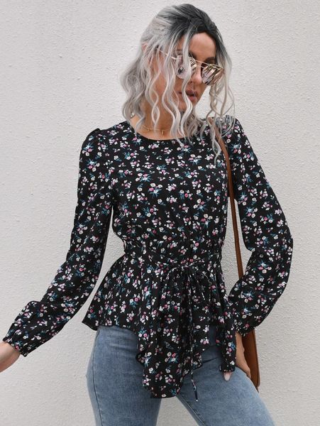

ditsy floral print lantern sleeve peplum belted blouse j4fd#, White