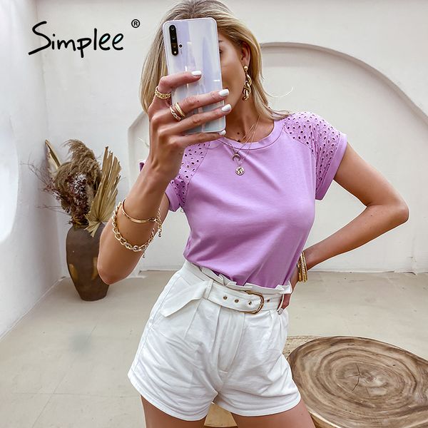 

simplee casual solid lace stitching cotton women t-shirt summer hollow out sleeves o-neck female leisure basic t-shirt new, White
