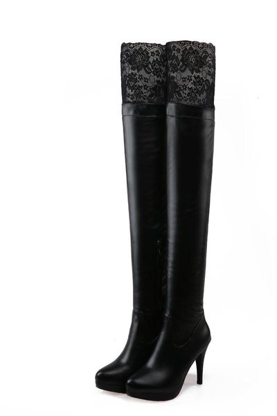 

boots original intention women over-the-knee nice lace round toe thin heels black white shoes woman plus size 4-10.5 3ubf