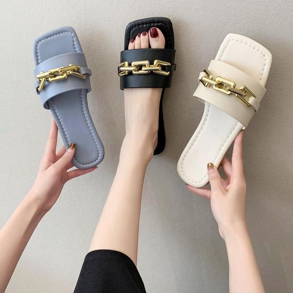 

slippers casual shoes low square toe slipers women slides rivet luxury flat 2021 soft metal decoration leisure pu rubber, Black