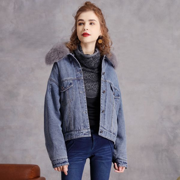 

johnature women hooded denim parkas blue thick fleece fur collar winter warm vintage women clothes button embroidery parkas 210521, Black