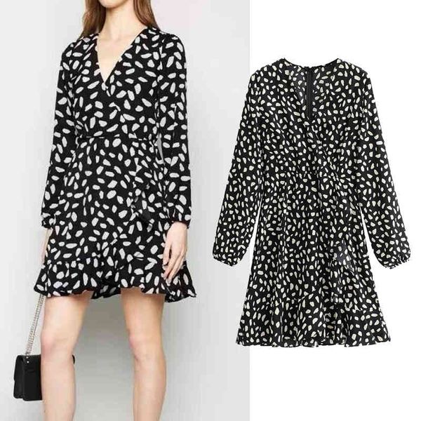 

casual dresses fashion half-dot printed ruffle ladies long sleeve v-neck slim vestidos spring mini zipper dress ooj7, Black;gray