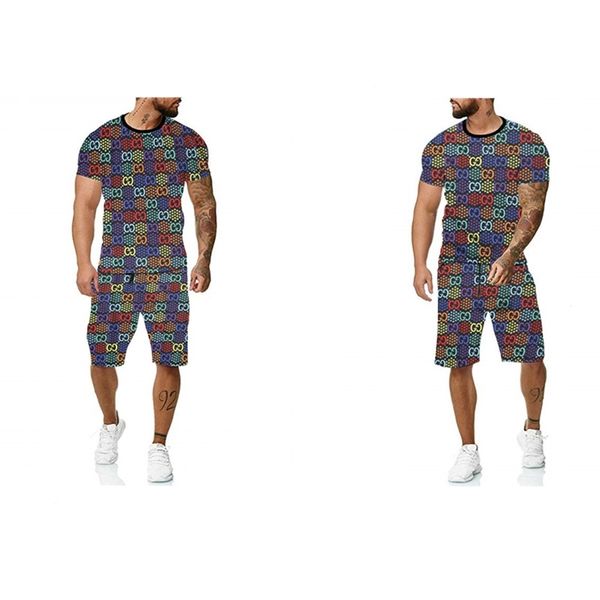 

short sleeve suit 3d printing plaid crew neck 5-point shorts personality trend hip hop, Black