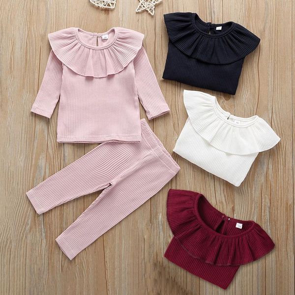 

clothing sets toddler girl fall clothes cotton long sleeve set ruffle collar shirt pants kids solid casual baby 2 piece, White