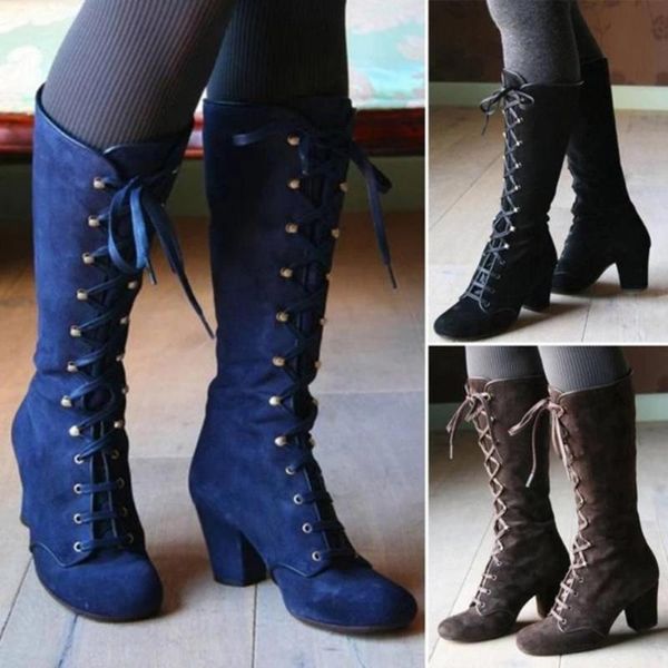 

boots 2021 black women shoes knee high casual vintage retro mid-calf lace up thick heels