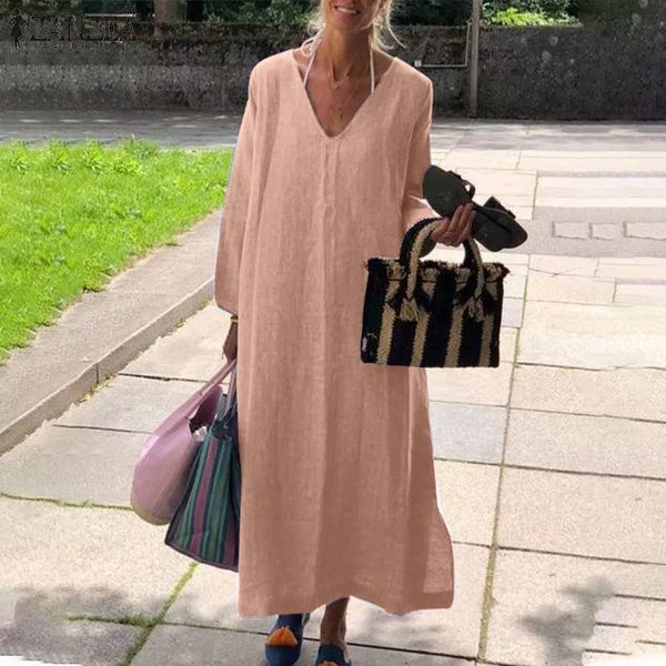 

casual dresses plus size zanzea autumn sundress women elegant v neck long sleeve midi dress solid cotton linen vestidos kaftan robe femme, Black;gray