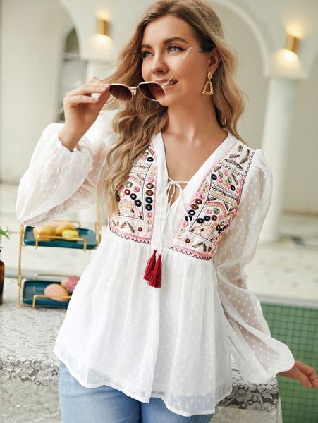 

embroidery fringe detail peplum blouse h8hp#, White