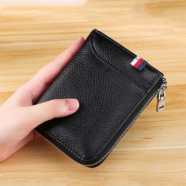 

wallets rfid men wallet genuine leather large capacity zipper coin pocket male short multi-card holders black business casual, Red;black