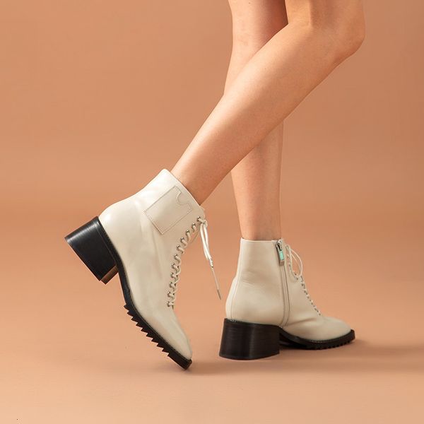 

boots high heel women calf ankle boots square toe zip lace-up genuine leather fashion ladies shoes handmade 03842, Black