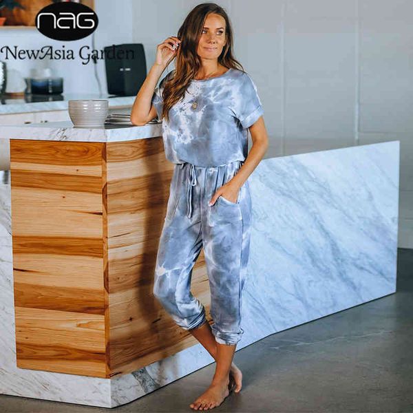 

newaisa printed tie dye 2 peice set women back hollow t shirt and elastic waist pants set summer pyjamas clothes lounge wear 210413, White