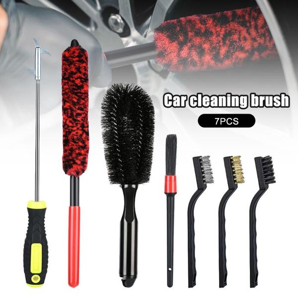 

car sponge 7pcs wheel cleaning brush(wire brushes+tire stone hook+tire brush+long-handled rim brush+detail brush)