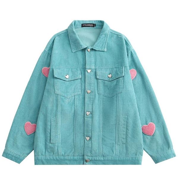 

men's jackets men women flocking heart patchwork corduroy jacket coat japanese harajuku streetwear hip hop black green unisex, Black;brown