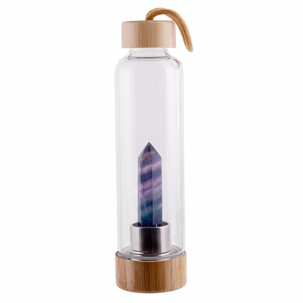 

Natural Crystal Water Bottle Point Healing Obelisk Wand Elixir Quartz Crystal Glass Water Bottle Wooden Cup Cover Kitchen Items