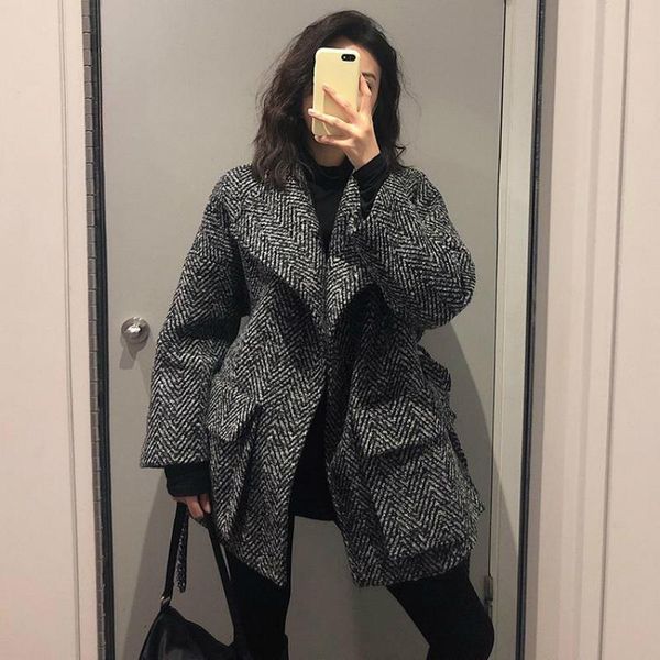 

women's wool & blends women long oversized twill woolen coats autumn winter overcoats, Black